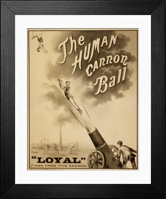 Framed Print : 1879 Circus Poster for Human Cannonball aerial acrobatic act