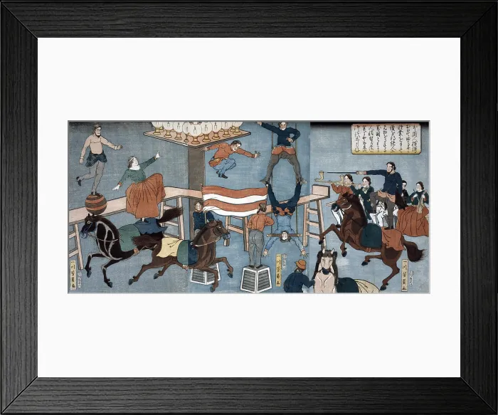 Framed Print : Japanese woodcut by Yoshikazu Utagawa (fl. 1848-1863), shows a foreign circus performing in Yokohama, Japan. 1864
