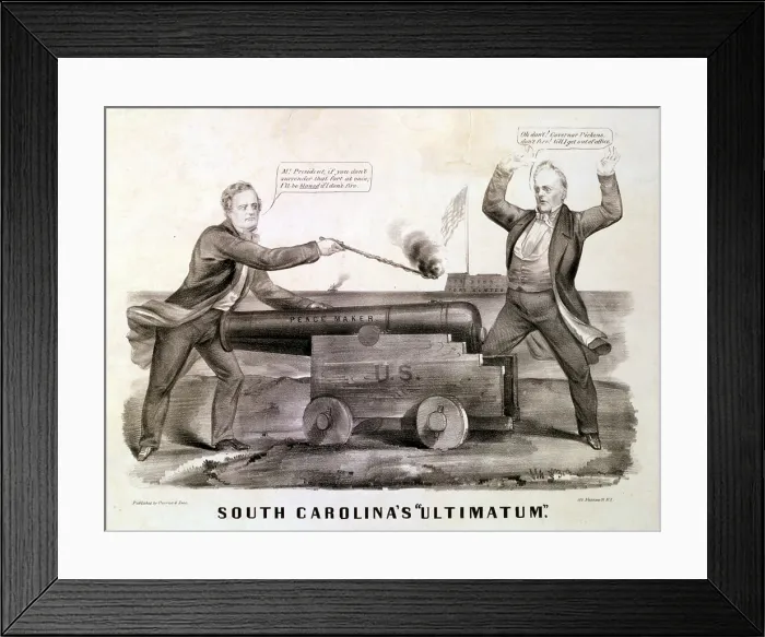 Framed Print : South Carolina's Ultimatum'. Editorial cartoon illustrating South Carolina governor Francis Pickens's threat of secession against President Buchanan