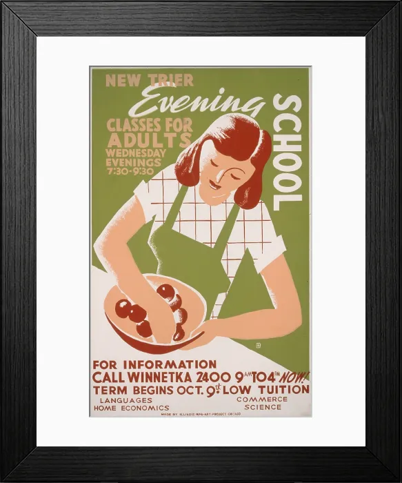 Framed Print : School, poster showing a woman wearing an apron with her hand in a bowl of food, reads: New Trier evening school Classes for adults, Wednesday evenings 7:30 - 9:30