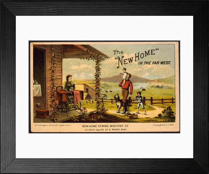 Framed Print : The New home in the far west. Trade card, advertising New Home Sewing Machine Co. showing family outside of house. Color lithograph, 1881
