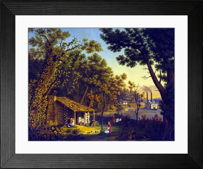 Framed Print : Settler's first blockhouse. Settlers outside of log cabin, with steamboat on river in background. Color lithograph, 1870 Framed Print : Settler's first blockhouse. Settlers outside of log cabin, with steamboat on river in background. Color lithograph, 1870