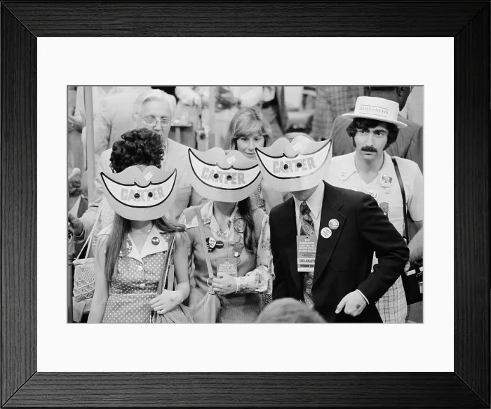 Framed Print : Delegates wearing Jimmy Carter smile masks at the Democratic National Convention New York City. July 15 1976 Framed Print : Delegates wearing Jimmy Carter smile masks at the Democratic National Convention New York City. July 15 1976