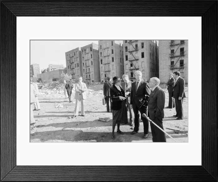 Framed Print : Secretary of Housing and Urban Development HUD Patricia Harris Jimmy Carter and New York City Mayor Abraham Beame tour an abandoned block the South Bronx. 1977