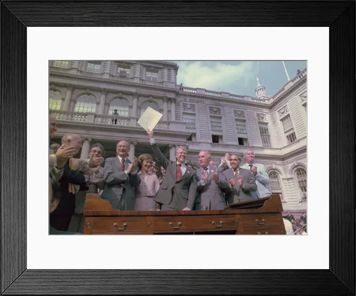 Framed Print : President Jimmy Carter with New York politicians at New York's City Hall after signing the New York City Loan Guarantee Act of 1978 Framed Print : President Jimmy Carter with New York politicians at New York's City Hall after signing the New York City Loan Guarantee Act of 1978