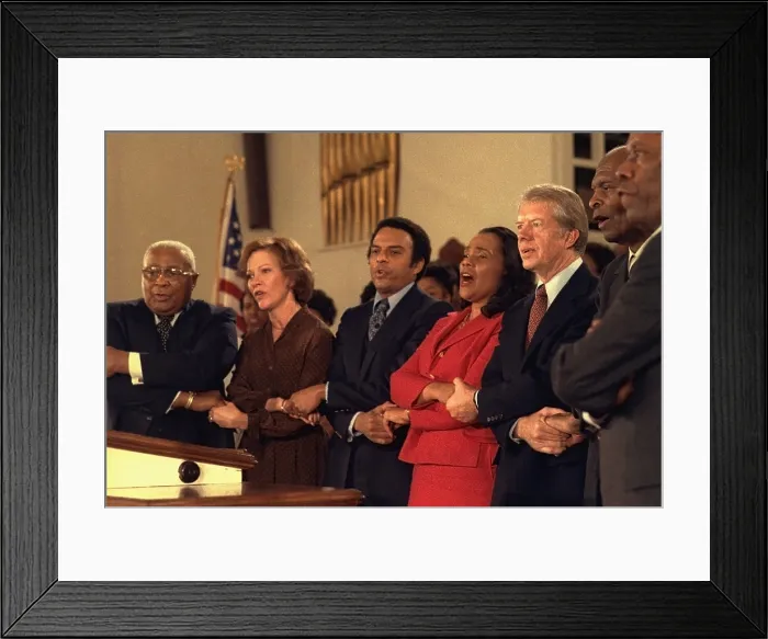 Framed Print : Jimmy Carter and Rosalynn Carter sing with Martin Luther King Sr. Coretta Scott King Andrew Young during a visit to Ebenezer Baptist Church in Atlanta. January 14 1979