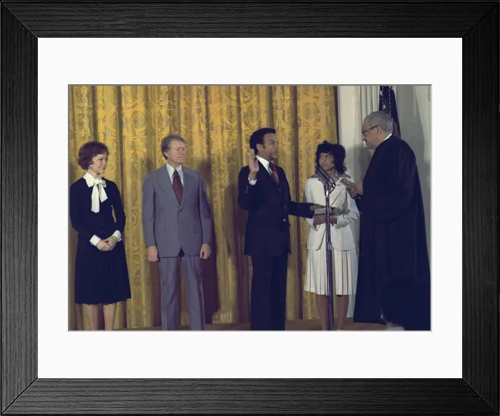 Framed Print : Supreme Court Justice Thurgood Marshall swears in former Georgia Representative Andrew Young as the first African American to serve as United States Ambassador to the United Framed Print : Supreme Court Justice Thurgood Marshall swears in former Georgia Representative Andrew Young as the first African American to serve as United States Ambassador to the United