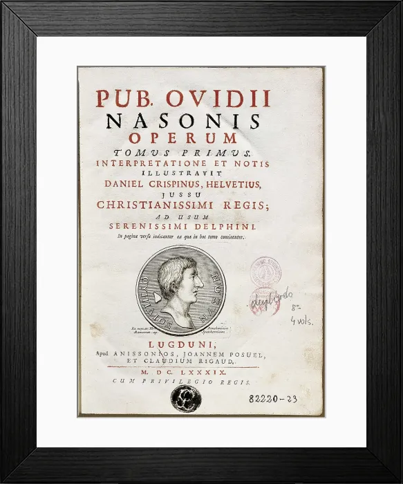 Framed Print : OVID, Publius Ovidius Naso (43 BC-18). First volume of an edition of his works executed in Leiden in 1689. AISA / Everett Collection**US SALES ONLY** Framed Print : OVID, Publius Ovidius Naso (43 BC-18). First volume of an edition of his works executed in Leiden in 1689. AISA / Everett Collection**US SALES ONLY**