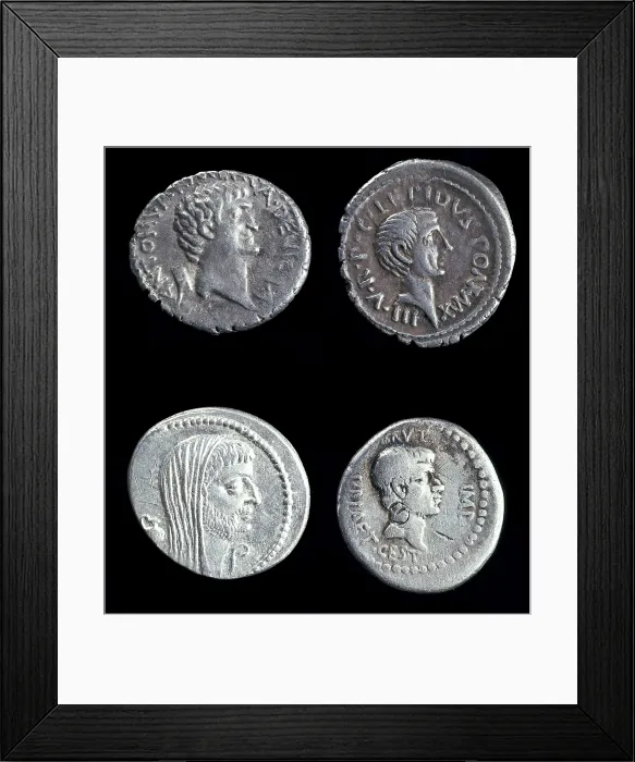 Framed Print : Four denarius depicting Mark Antony, Marcus Aemilius Lepidus, Mark Antony and Bruto. Coin. SPAIN. Barcelona. Numismatic Cabinet of Catalonia Framed Print : Four denarius depicting Mark Antony, Marcus Aemilius Lepidus, Mark Antony and Bruto. Coin. SPAIN. Barcelona. Numismatic Cabinet of Catalonia