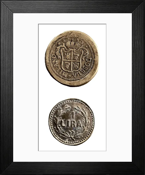 Framed Print : Dobbla, gold coin and 1 lira coin (Milan, c. 1917). Coin. AISA / Everett Collection**US SALES ONLY** Framed Print : Dobbla, gold coin and 1 lira coin (Milan, c. 1917). Coin. AISA / Everett Collection**US SALES ONLY**