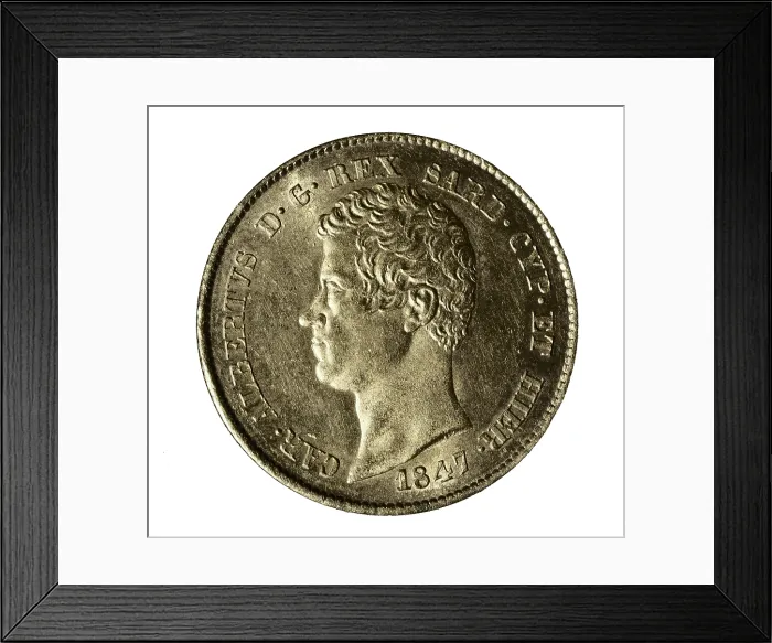 Framed Print : 20 liras coin with portrait of Charles Albert of Savoy minted in Turin (1847). Coin. AISA / Everett Collection**US SALES ONLY**