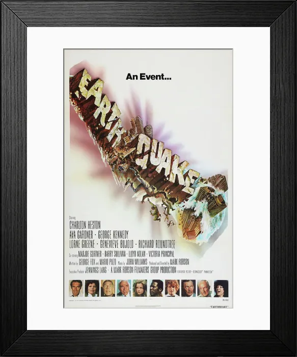 Framed Print : EARTHQUAKE, US poster art, from left: Charlton Heston, Ava Gardner, George Kennedy, Lorne Greene, Genevieve Bujold, Richard Roundtree, Marjoe Gortner, Barry Sullivan, Lloyd Nolan
