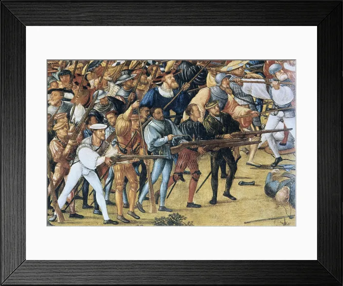 Framed Print : FESELEN, Melchior (1495-1538). The Siege of Alesia. 1533. Central lower detail: several harquebusiers charging and shooting