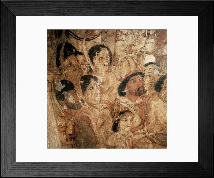 Framed Print : INDIA. Ajanta. Ajanta Caves. Buddha preaching the Abhidharma in the Tavatimsa Celestial World. Detail. Wall painting of the cave 17. 6th c. A.D. Hindu art. Gupta period