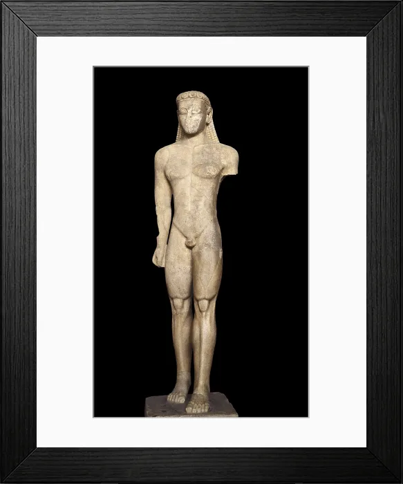 Framed Print : The Sounion kouros. ca. 600 BC. Votive statue. Archaic Greek art. Sculpture on marble. GREECE. Athens. National Museum of Archaeology. Proc: GREECE. Sunion. Temple of Poseidon