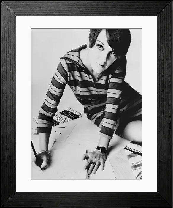 Framed Print : Mary Quant, British mod fashion designer. Her youthful clothing featured mini-skirts, tights, and bright colors that reinvented 1960s fashion. 1967