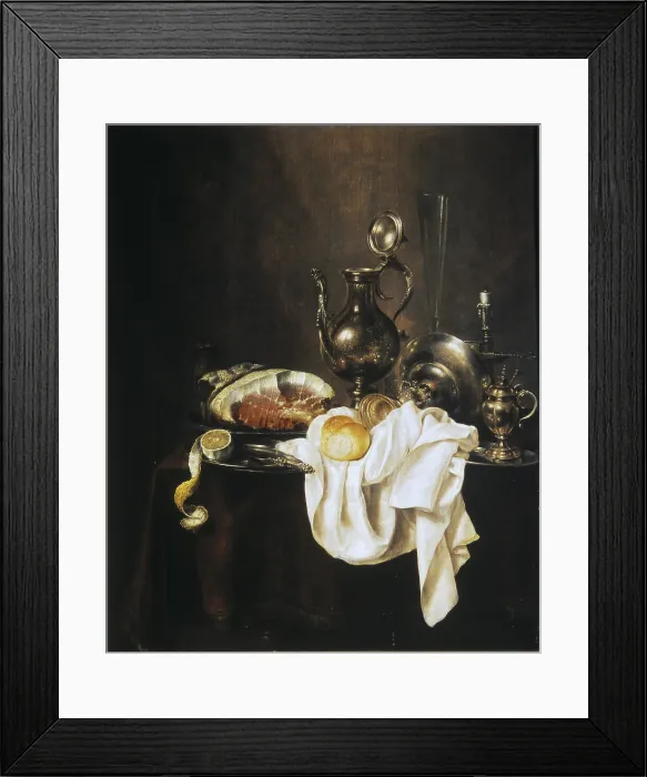 Framed Print : HEDAWillem Claesz (1594-1680). Still Life of Ham and Silver Plate. 1649. Baroque art. Oil on canvas. RUSSIA. Moscow. Pushkin Museum of Fine Arts