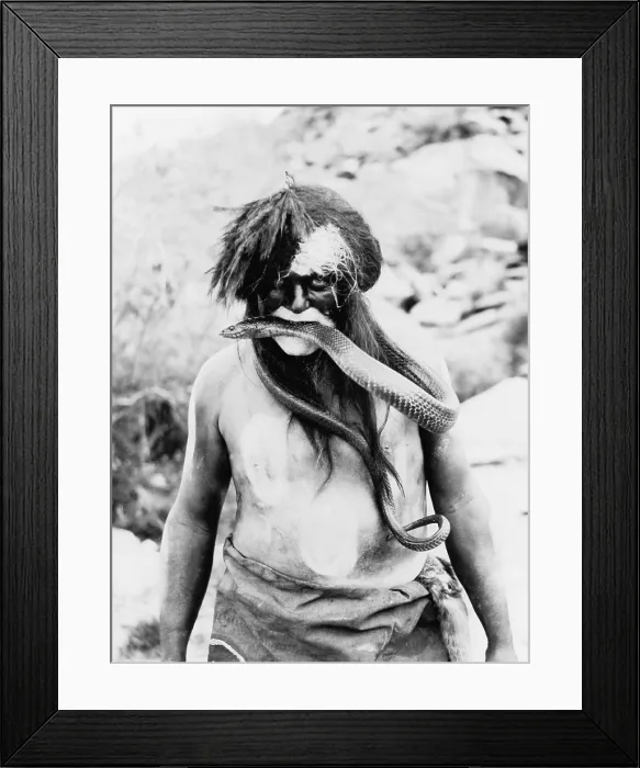 Framed Print : Hopi Indian with painted face and body and snake in mouth. Photo by Ralph Murphy, 1924 Framed Print : Hopi Indian with painted face and body and snake in mouth. Photo by Ralph Murphy, 1924