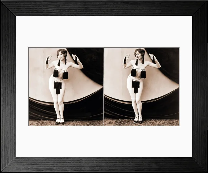 Framed Print : Pretty and Peppy, a stereo photo of exotic dancer with strategically placed fringe and bobbed hair. 1926