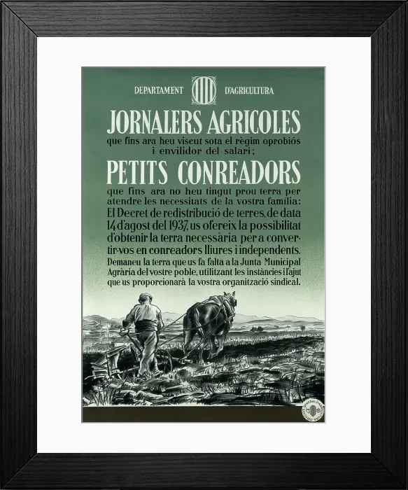 Framed Print : Spanish Civil War (1936-1939). Poster edited by the Departament of Agriculture of the Generalitat of Catalonia about the Decree on Redistribution of Lands of 14th August 1937