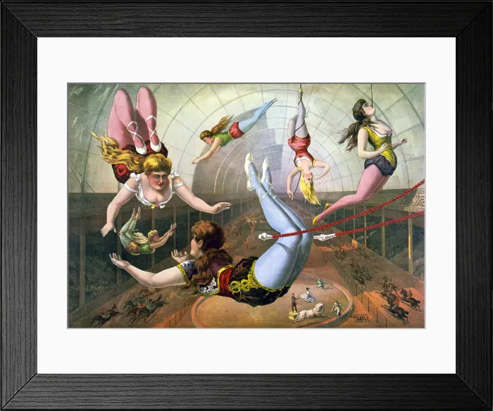 Framed Print : Circus poster with Female aerial acrobats on trapezes at circus, 1890 Framed Print : Circus poster with Female aerial acrobats on trapezes at circus, 1890