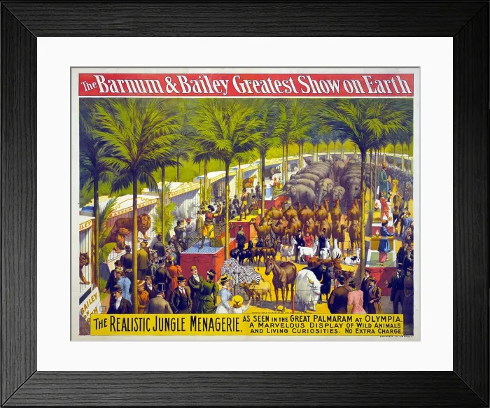 Framed Print : Poster for Barnum & Bailey circus showing animals on display and performers beneath palm trees. 1897 Framed Print : Poster for Barnum & Bailey circus showing animals on display and performers beneath palm trees. 1897