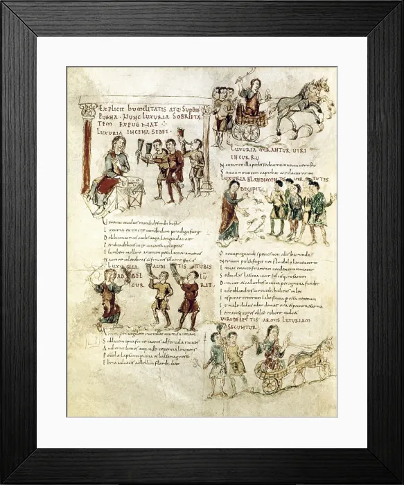 Framed Print : Prudentius (348-415). Roman Christian poet. Manuscript of his work Psychomachia. Miniature Painting. FRANCE. Paris. National Library