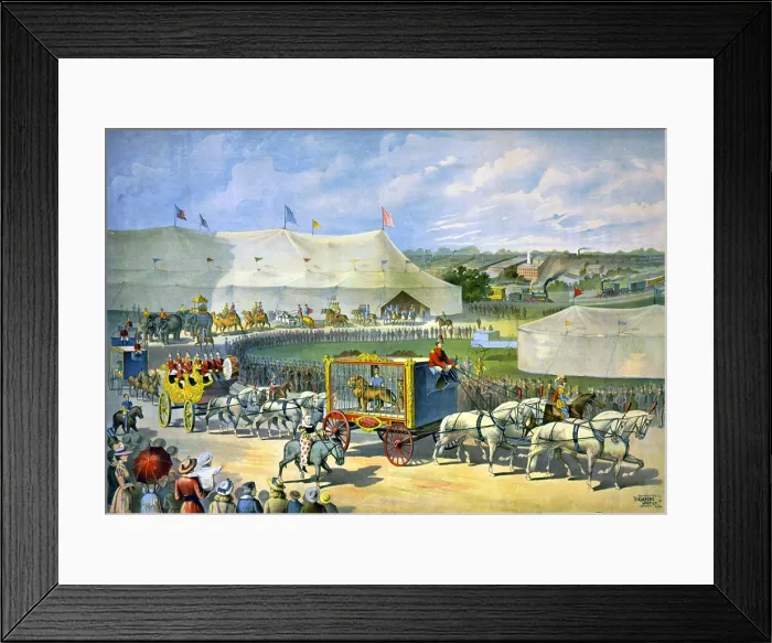 Framed Print : Poster of American circus parade with a caged lion, clowns, elephants, Roman chariots, and camels, with circus tent dominating the background. 1890