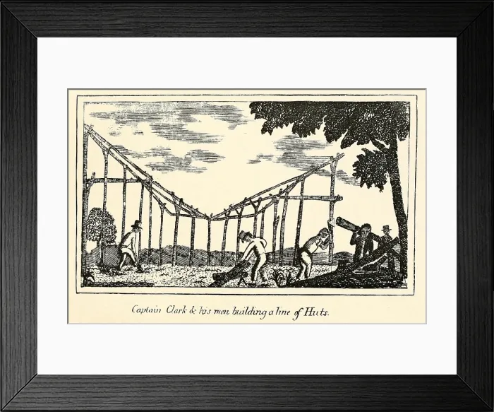 Framed Print : Illustration from Lewis and Clark's journal of the Corps of Discovery from 1803-6. Captain Clark and his men building line of huts Framed Print : Illustration from Lewis and Clark's journal of the Corps of Discovery from 1803-6. Captain Clark and his men building line of huts