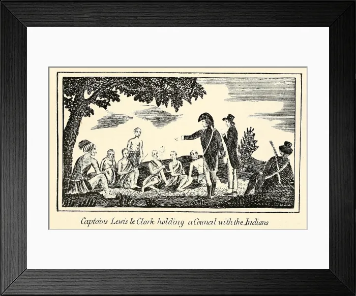 Framed Print : Illustration from Lewis and Clark's journal of the Corps of Discovery from 1803-6. Captains Lewis and Clark holding a Council with the Indians Framed Print : Illustration from Lewis and Clark's journal of the Corps of Discovery from 1803-6. Captains Lewis and Clark holding a Council with the Indians
