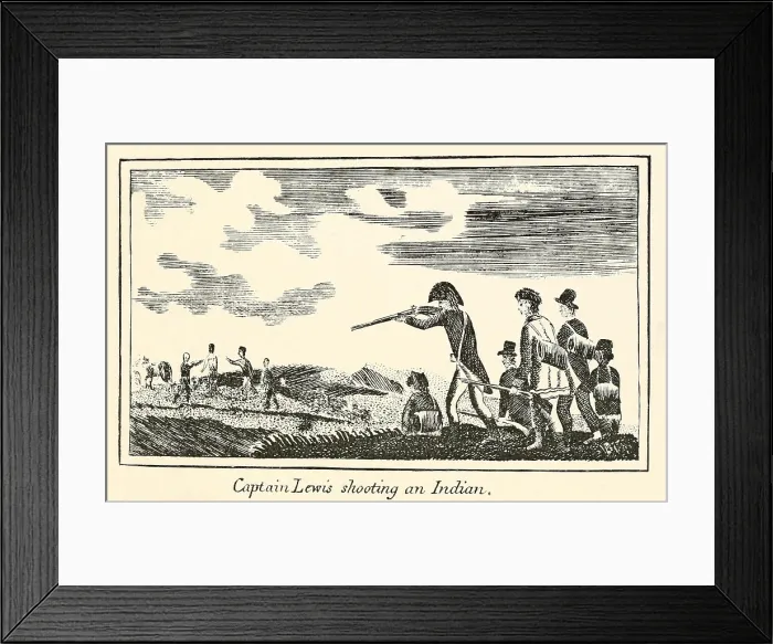 Framed Print : Illustration from Lewis and Clark's journal of the Corps of Discovery from 1803-6. Captain Lewis shooting an Indian