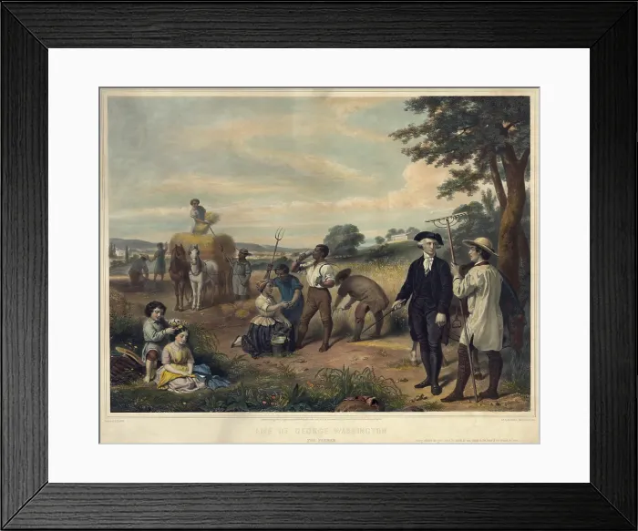 Framed Print : George Washington as a plantation owner. Washington standing among African-American slaves harvesting grain at Mt. Vernon in background. Lithograph by Junius Stearns 1853