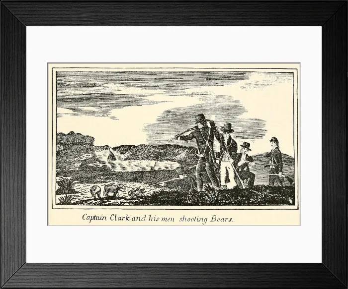 Framed Print : Illustration from Lewis and Clark's journal of the Corps of Discovery from 1803-6. Captain Clark and his men shooting bears