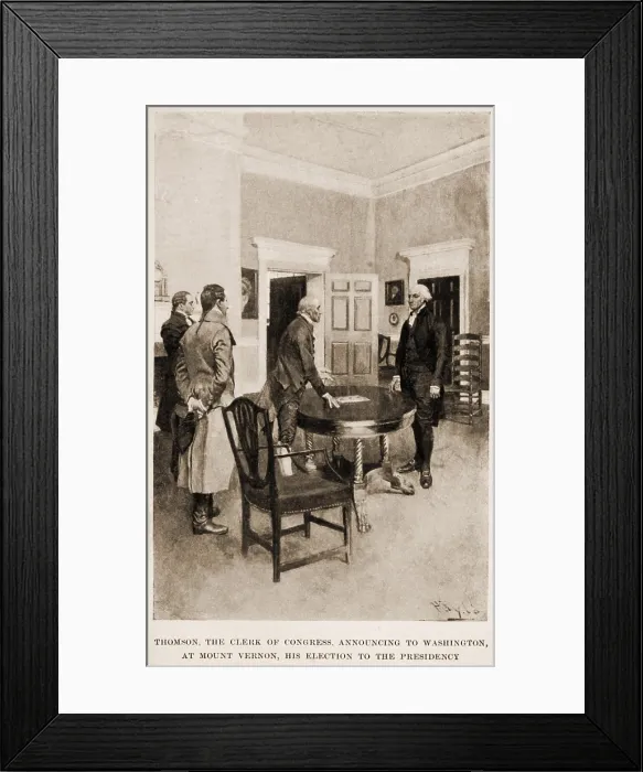 Framed Print : Thomas the Clerk of the Congress announcing to Washington at Mount Vernon his election to the Presidency. April 1789. Illustration by Howard Pyle Framed Print : Thomas the Clerk of the Congress announcing to Washington at Mount Vernon his election to the Presidency. April 1789. Illustration by Howard Pyle