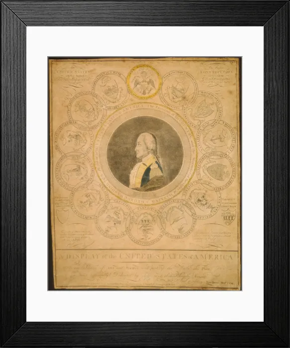 Framed Print : George Washington's portrait encircled by the arms of the original thirteen states in a American engraving by self-taught artist Amos Doolittle