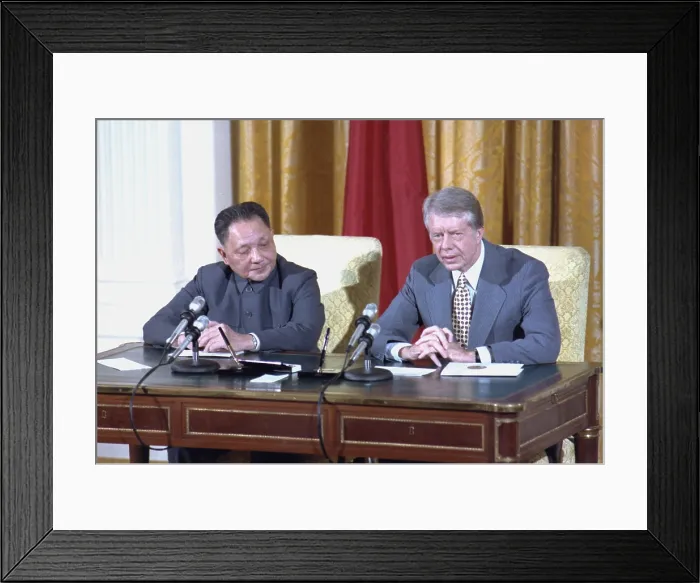 Framed Print : Chinese Vice Premier Deng Xiaoping and US President Jimmy Carter sign diplomatic agreements promoting scientific technological cultural interchange and trade relations. Jan