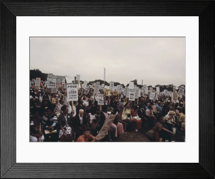Framed Print : Integrated group of including senior citizens protesting against 1970s inflation unemployment and high taxes along Lakeshore Drive in Chicago