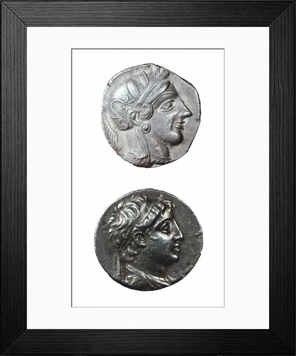 Framed Print : Coins from Palestine: representation of Athena (5th c BC, upper) and Perseus, king of Macedonia (3rd-2nd c. BC). Coin. SPAIN. Monistrol de Montserrat. Museum of Montserrat Framed Print : Coins from Palestine: representation of Athena (5th c BC, upper) and Perseus, king of Macedonia (3rd-2nd c. BC). Coin. SPAIN. Monistrol de Montserrat. Museum of Montserrat