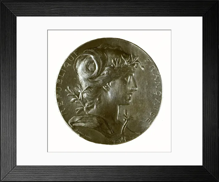 Framed Print : Medal of golden bronze, work by Jean-Baptiste Daniel-Dupuis. Obverse depicting the French Republic. SPAIN. Madrid. Lzaro Galdiano Foundation