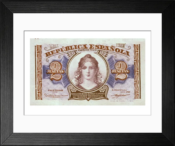 Framed Print : 2 pesetas bill of the Spanish Second Republic (1936). Coin. SPAIN. Barcelona. Numismatic Cabinet of Catalonia. AISA / Everett Collection**US SALES ONLY**