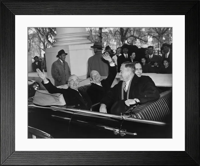 Framed Print : President Harry Truman and his successor, Dwight D. Eisenhower, leave White House in an open car on way to Capitol for inauguration ceremonies. January 20, 1953
