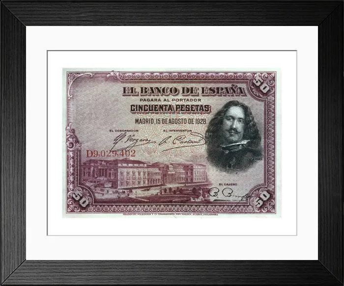 Framed Print : 50 pesetas bill, Bank of Spain (Madrid, 1928). Coin. AISA / Everett Collection**US SALES ONLY**