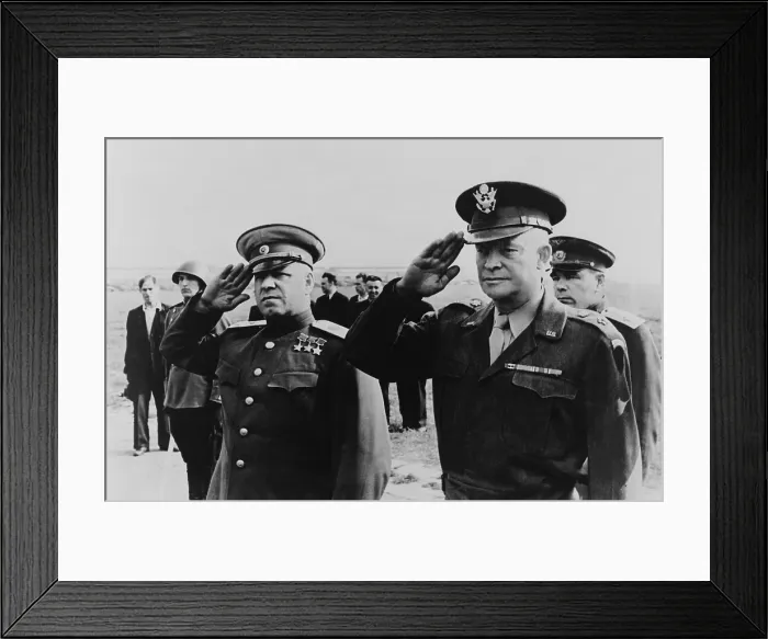 Framed Print : Victorious World War II commanders, Marshal Georgii Zhukov and General Dwight Eisenhower, saluting when Eisenhower visited Moscow in August, 1946 Framed Print : Victorious World War II commanders, Marshal Georgii Zhukov and General Dwight Eisenhower, saluting when Eisenhower visited Moscow in August, 1946