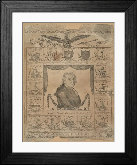 Framed Print : Engraving by Amos Doolittle, with a portrait of President John Adams and the coat of arms of each of the sixteen states. 1799