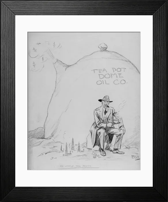Framed Print : Cartoon of Secretary of the Interior Albert Fall (1861-1944), sitting on a rock in the desert, surrounded by tiny oil wells, holding a teacup Framed Print : Cartoon of Secretary of the Interior Albert Fall (1861-1944), sitting on a rock in the desert, surrounded by tiny oil wells, holding a teacup