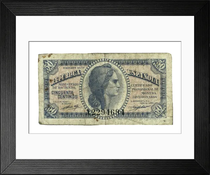 Framed Print : Second Spanish Republic. Obverse of a 50 cents banknote (1937). Coin. AISA / Everett Collection**US SALES ONLY**