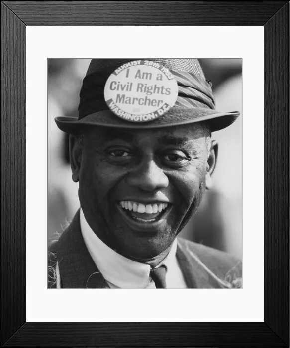 Framed Print : 1963 March on Washington. Smiling marcher wearing a hat with a button that reads: I am a Civil Rights Marcher. Aug. 28, 1963 Framed Print : 1963 March on Washington. Smiling marcher wearing a hat with a button that reads: I am a Civil Rights Marcher. Aug. 28, 1963