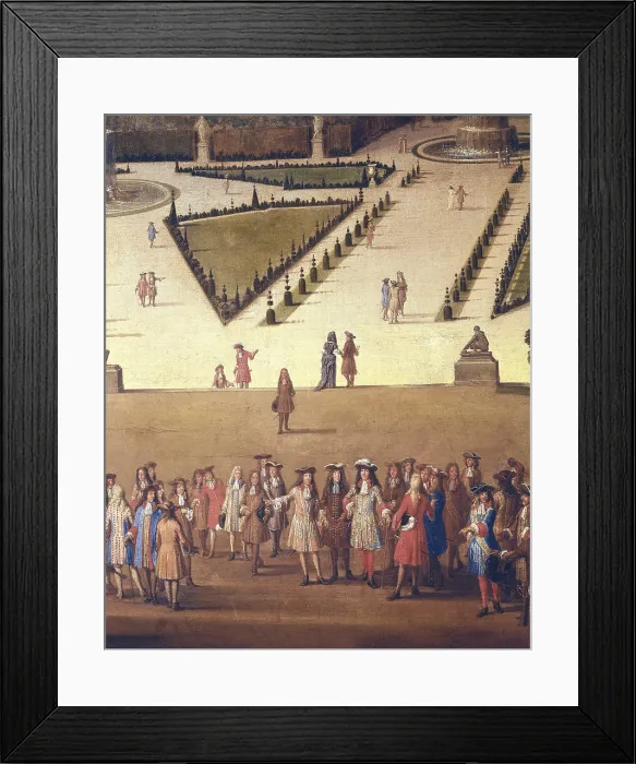 Framed Print : ALLEGRAIN, Etienne (1644-1736). Promenade of Louis XIV by the Parterre du Nord. ca. 1695. Central detail with Louis XIV and the Court. Oil on canvas. FRANCE. Versailles
