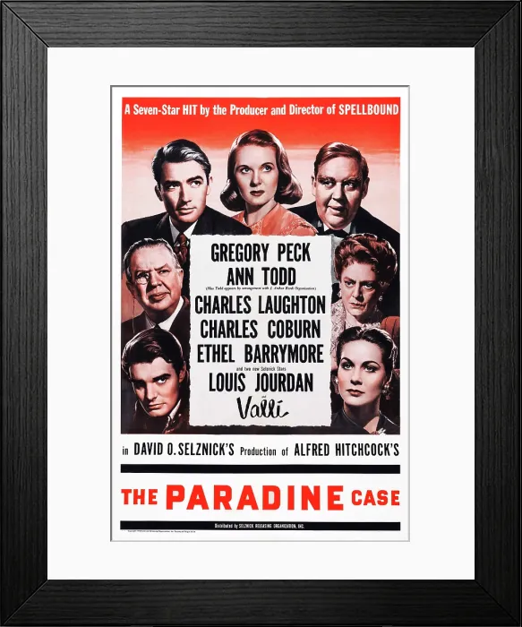 Framed Print : THE PARADINE CASE, US poster art, (top) Gregory Peck, Ann Todd, Charles Laughton; (middle) Charles Coburn, Ethel Barrymore; (bottom) Louis Jourdan, Alida Valli, 1947