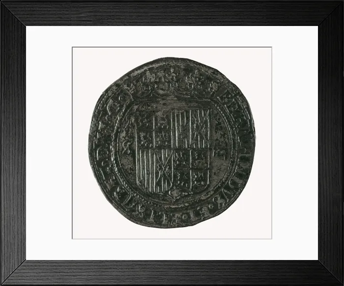 Framed Print : Castilian 'real de a 4' coin of the period of the Catholic Monarchs (Sevilla). Coin. SPAIN. Barcelona. Numismatic Cabinet of Catalonia